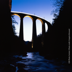 Landwasser viaduct at dusk, by Grégoire Brossard. Grégoire is a railway timetable maker from France.